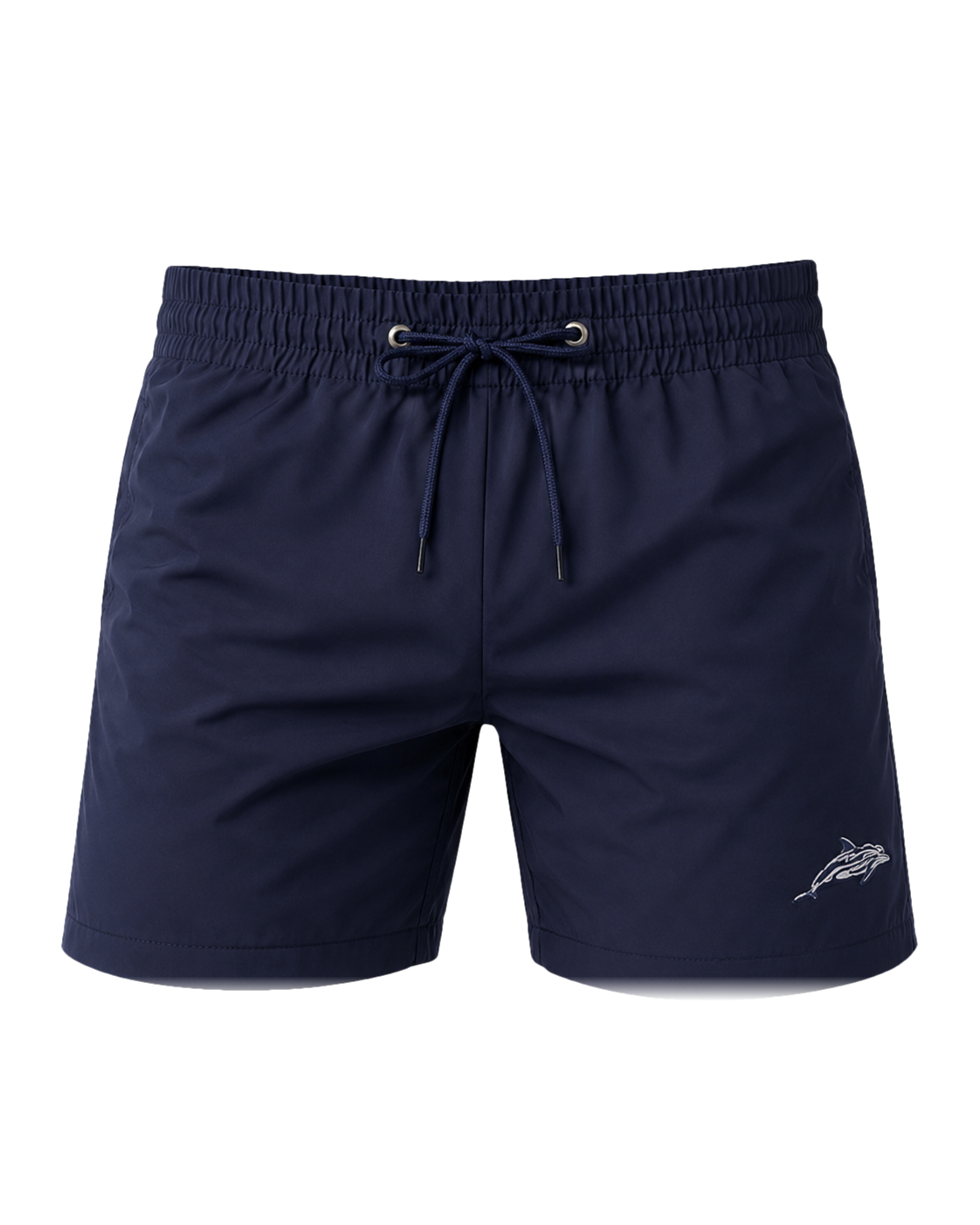 The Guana swim trunk, front — deep navy with drawstring and metal aglets